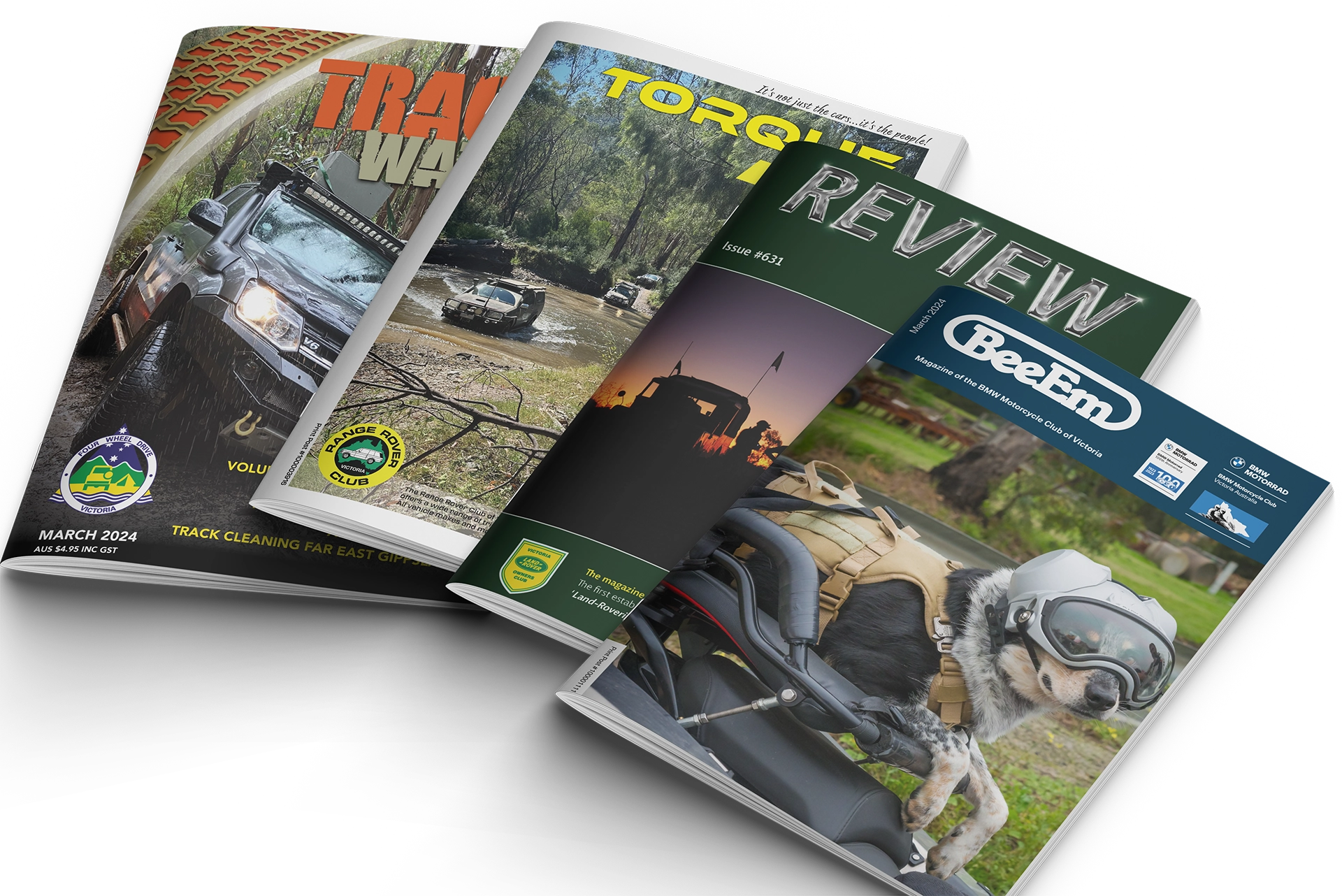 Four different car and motorcycle club magazines arranged in a fan layout showing parts of the different covers