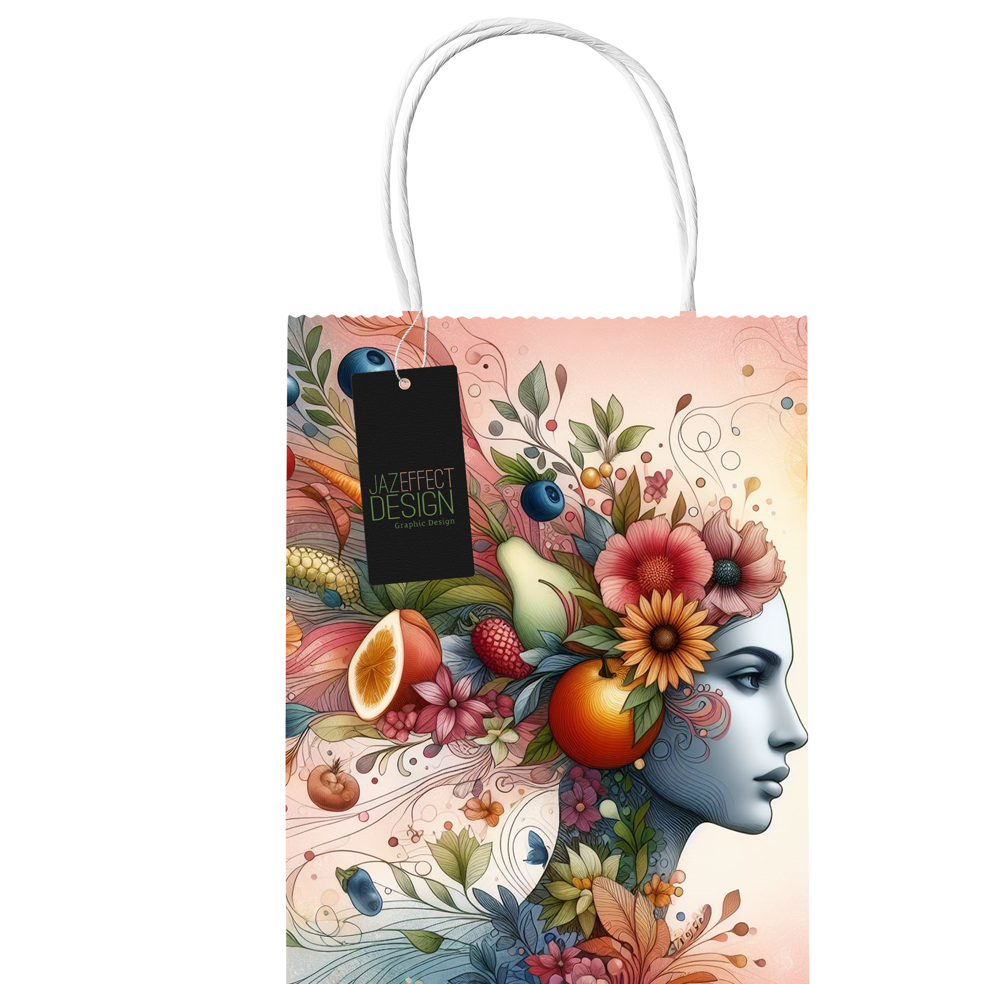 Representation of a large carry bag with string handles and a tag dangling